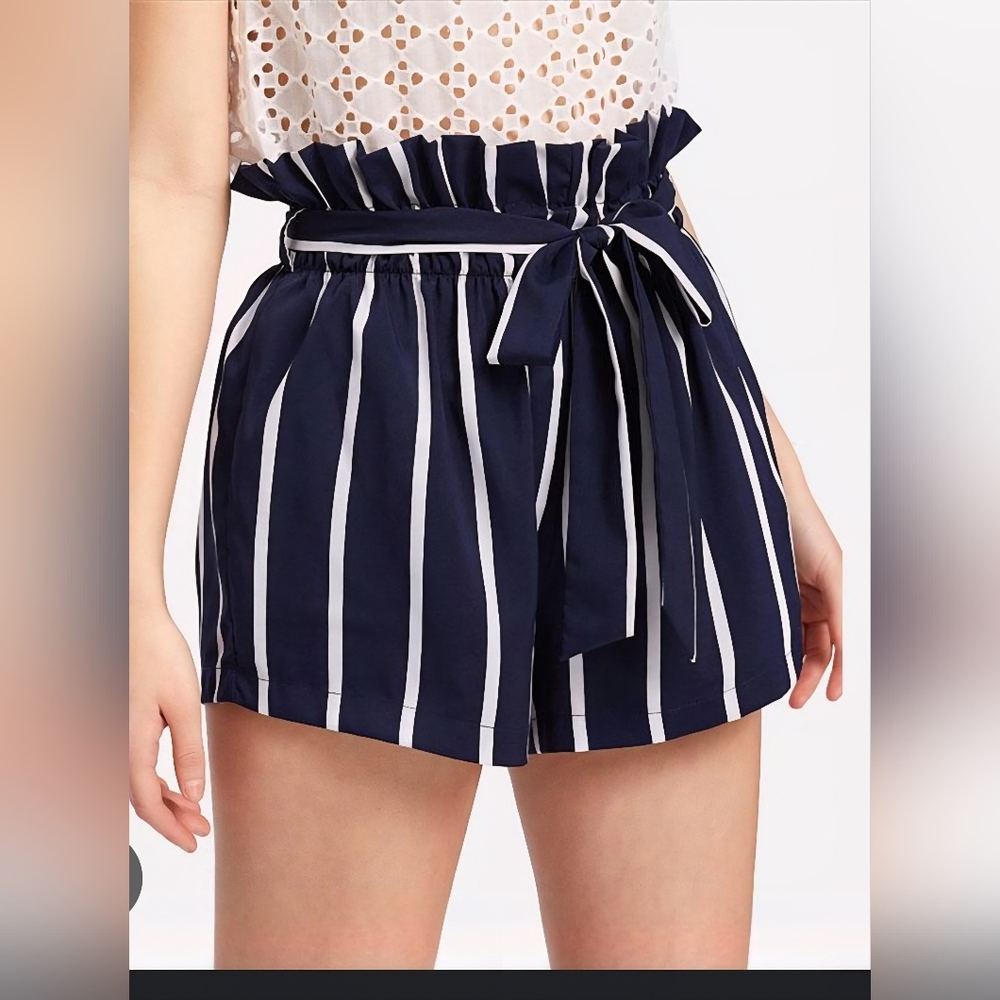 Navy and White Striped High Waist Shorts